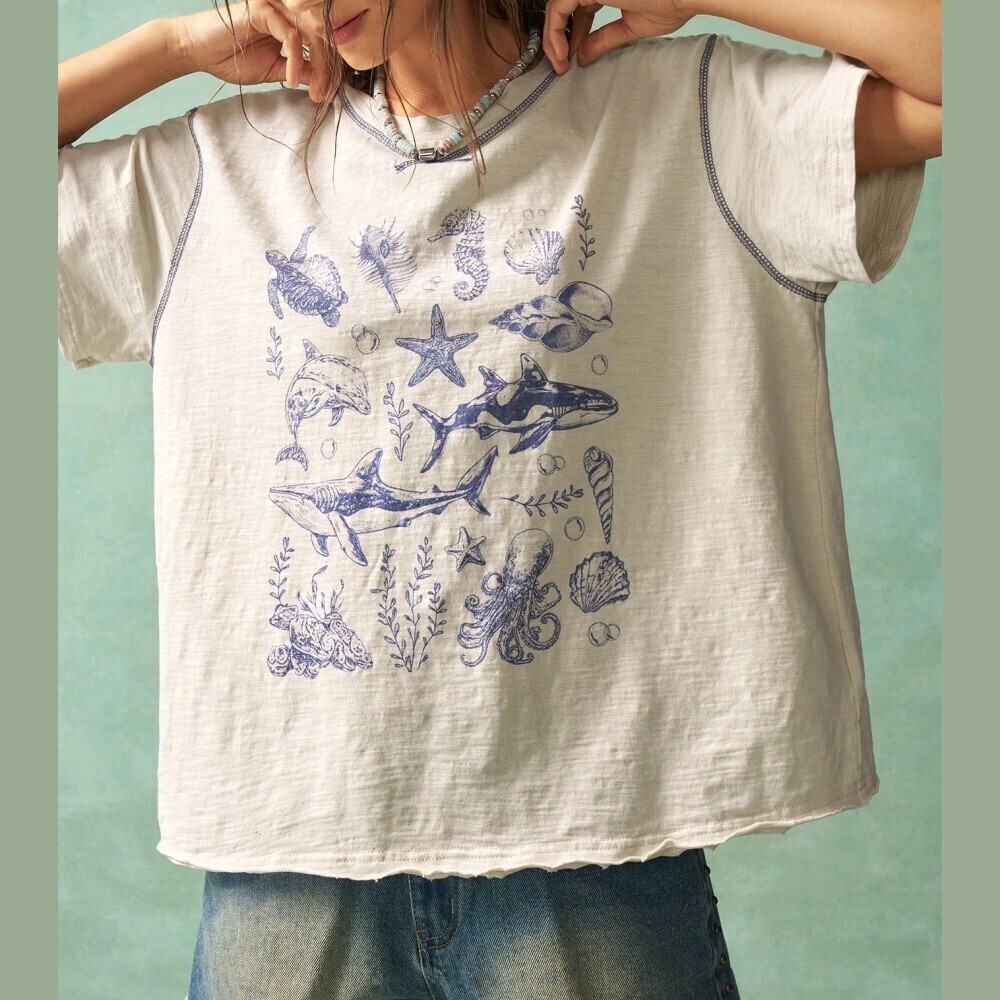 Cream Sea Life Graphic Tee with Contrast Stitch Trim